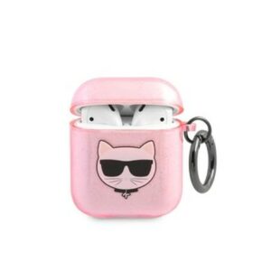 Karl Lagerfeld TPU Glitter Choupette Head Pouzdro pro Airpods 1/2 Pink