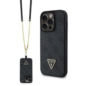 Guess PU 4G Strass Triangle Metal Logo Zadní Kryt + Crossbody Popruh pro iPhone 15 Pro Black